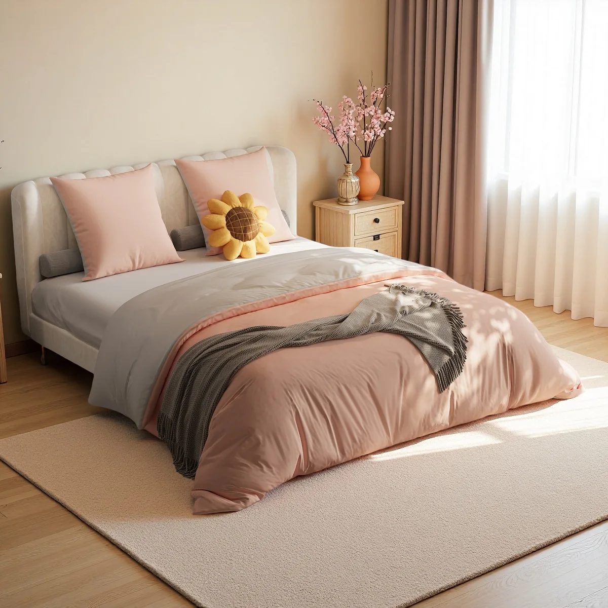 Bed linen, 4-piece,(1x bed reference 140x200cm,1x pre-stressed sheets 140x200cm, 2x pillow case 80x80cm), for double bed, pink + light gray