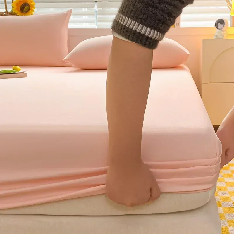 Fitted Bed Sheet with Elastic Band Solid Color Soft Cotton Mattress Cover for Single Double King Queen Bed 120/150/90/180/200