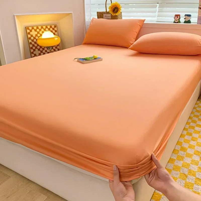 Fitted Bed Sheet with Elastic Band Solid Color Soft Cotton Mattress Cover for Single Double King Queen Bed 120/150/90/180/200