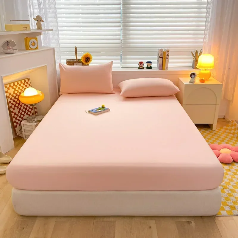 Fitted Bed Sheet with Elastic Band Solid Color Soft Cotton Mattress Cover for Single Double King Queen Bed 120/150/90/180/200